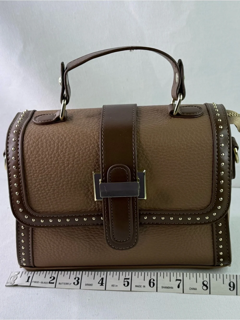 Brown Studded Top-Handle Buckle Women's Bag
